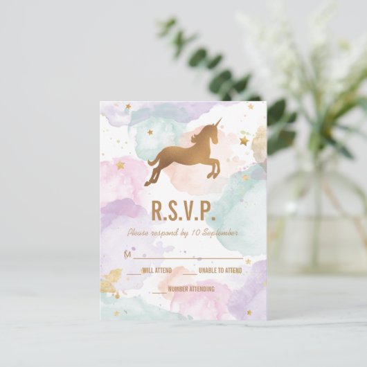 Invitation Carte Postale Pastel Unicorn fête d'anniversaire RSVP (Debout devant)