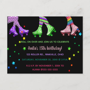 Invitation Carte Postale Patinage à rouleaux modifiable fête d'anniversaire