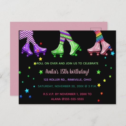 Invitation Carte Postale Patinage à rouleaux modifiable fête d'anniversaire (Devant / Derrière)