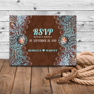 Invitation Carte Postale pays brun turquoise mariage occidental RSVP