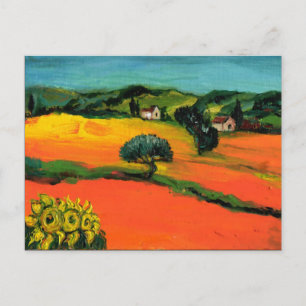 INVITATION CARTE POSTALE PAYSAGE DE TOSCANE AVEC TOURNESOLS EN ROUGE ORANGE
