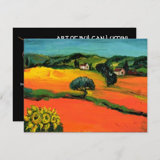 INVITATION CARTE POSTALE PAYSAGE DE TOSCANE AVEC TOURNESOLS EN ROUGE ORANGE (Devant / Derrière)
