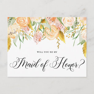 Invitation Carte Postale Peach Flowers Gold Serez-vous ma femme d'honneur