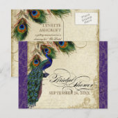 Invitation Carte Postale Peacock & Feathers Fête des mariées formelle viole (Devant / Derrière)