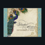 Invitation Carte Postale Peacock & Feathers Fête des mariées officielle Aqu<br><div class="desc">SÉLECTION DE PAPIER : Les cartes postales sont imprimées sur un stock très beau, très lourd qui est brillant sur le côté avant et fini mat sur le dos. PALETTE DE COULEUR : tan, bleu royal crème, vert et rouille. DESIGN : Cette collection de mariages d'inspiration vintage antique possède un...</div>