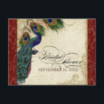 Invitation Carte Postale Peacock & Feathers Formal Fête de l'mariée Rouge<br><div class="desc">SÉLECTION DU PAPIER: Les cartes postales sont imprimées sur un stock très beau, très lourd, qui est brillant sur le devant et fini mat sur le dos. PALETTE DE COULEUR: rouge bordeaux profond, tan, bleu royal crème, vert et rouille.DESIGN: Cette collection de mariages d'inspiration vintage d'époque présente un ensemble complet...</div>