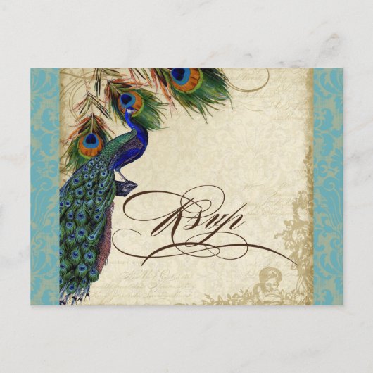 Invitation Carte Postale Peacock & Feathers Mariage officiel Réponse RSVP (Devant)
