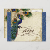 Invitation Carte Postale Peacock & Feathers Mariage officiel Réponse RSVP (Devant / Derrière)
