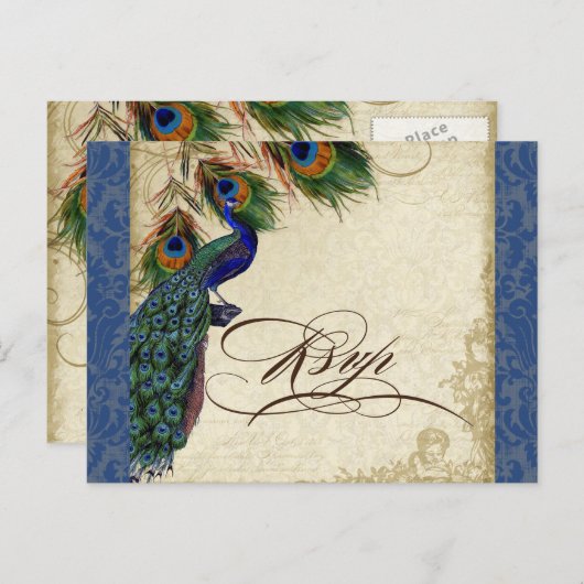 Invitation Carte Postale Peacock & Feathers Mariage officiel Réponse RSVP (Devant / Derrière)