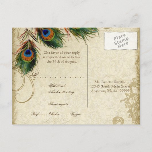 Invitation Carte Postale Peacock & Feathers Mariage officiel Réponse RSVP (Dos)