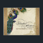 Invitation Carte Postale Peacock & Feathers Vintage Gold Look Damask Swirl<br><div class="desc">SÉLECTION DE PAPIER : Les cartes postales sont imprimées sur un stock très beau, très lourd qui est brillant sur le côté avant et fini mat sur le dos. PALETTE DE COULEUR : or métallique, tan, crème bleu royal, vert et rouille. DESIGN : Cette collection de mariages d'inspiration vintage antique...</div>