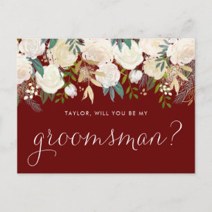 Invitation Carte Postale Peonies d'or pâle Floral Red Groomsmen Proposition