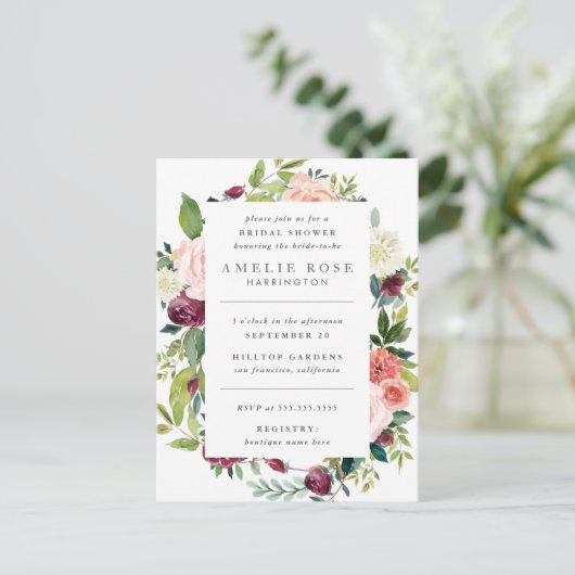 Invitation Carte Postale Peonies modernes et Fête des mariées de couronne R (Debout devant)