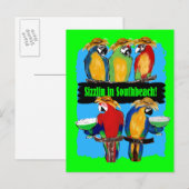 INVITATION CARTE POSTALE PERROQUETS DE FÊTE (Devant / Derrière)