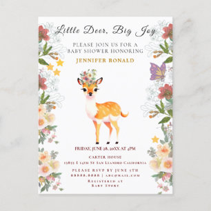 Invitation Carte Postale Petit cerf, Big Joy Fleur rose thème Baby shower