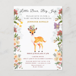 Invitation Carte Postale Petit cerf, Big Joy Fleur rose thème Baby shower