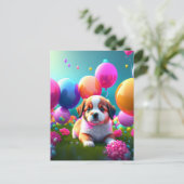 Invitation Carte Postale Petit chiot avec ballons - anniversaire (Debout devant)