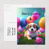 Invitation Carte Postale Petit chiot avec ballons - Anniversaire de enfant  (Devant / Derrière)