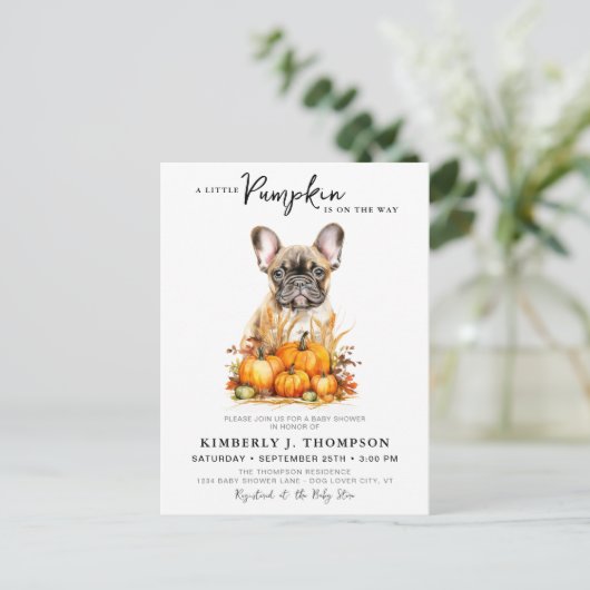 Invitation Carte Postale Petit Citrouille mignon Chiot Baby shower d'automn (Debout devant)