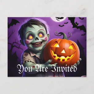 Invitation Carte Postale Petit Monstre Vert et ami Citrouille