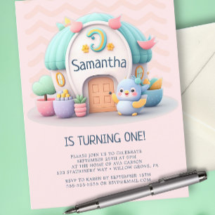 Invitation Carte Postale Petite maison avec dragon Fille Bébé Anniversaire