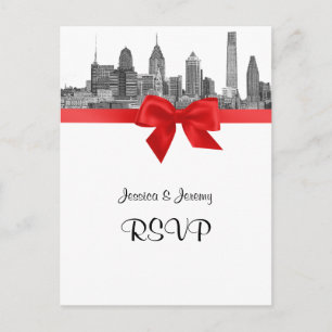 Invitation Carte Postale Philadelphie Skyline Etch BW Red RSVP 1