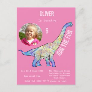Invitation Carte Postale Photo d'anniversaire rose pour filles Dinosaure Br