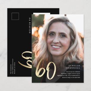 Invitation Carte Postale Photo de 60e anniversaire moderne noir et or scrip