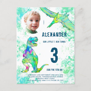 Invitation Carte Postale Photo de fête d'anniversaire de Dinosaur Aquarelle