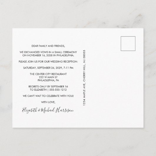 Invitation Carte Postale Photo de mariage réception de mariage Heureux pour (Dos)