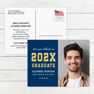 Invitation Carte Postale Photo du Graduate Navy Gold Graduation Party 2023