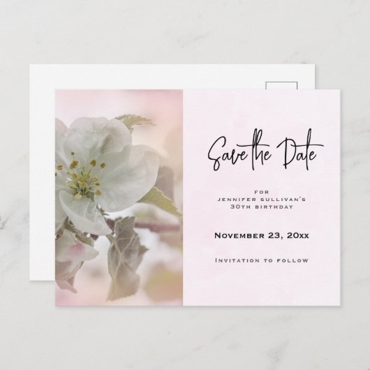 Invitation Carte Postale Photo en fleurs de pomme blanche Enregistrer la da (Devant / Derrière)