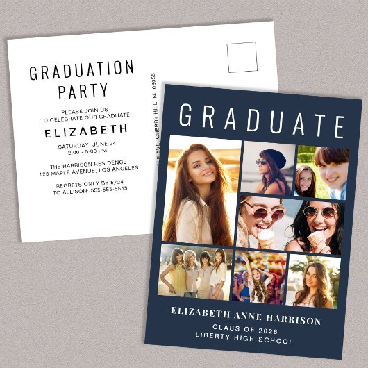 Invitation Carte Postale Photo moderne Collage Blue Graduation Party
