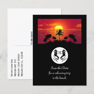 Invitation Carte Postale Photo Twin Black Seahorse Silhouette Monogramme
