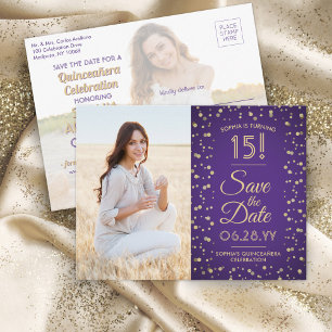 Invitation Carte Postale Photos Quinceañera Enregistrer la date violet