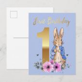 Invitation Carte Postale Pierre le Rabbit Gold 1er anniversaire (Devant / Derrière)