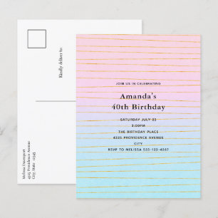 Invitation Carte Postale Pink Blue Pastel dégradé avec Gold Lines Anniversa