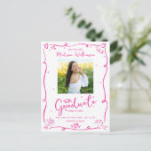 Invitation Carte Postale Pink Doodles Graduation Save the Date Photo White (Debout devant)