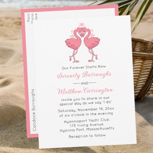 Invitation Carte Postale Pink Flamingo Hawaiian Tropical Beach Wedding