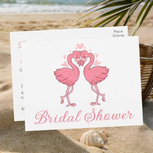 Invitation Carte Postale Pink Flamingo Tropical Summer Beach Bridal Shower