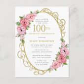 Invitation Carte Postale Pink Gold Floral 100e fête d'anniversaire (Devant)