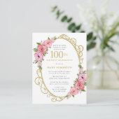 Invitation Carte Postale Pink Gold Floral 100e fête d'anniversaire (Debout devant)