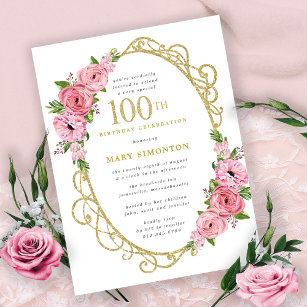 Invitation Carte Postale Pink Gold Floral 100e fête d'anniversaire