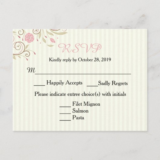Invitation Carte Postale Pink & Green Floral Stripe Mariage RSVP Post Card (Devant)