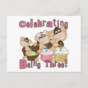 Invitation Carte Postale Pink Party Monkey 3e Anniversaire Tshirts et cadea