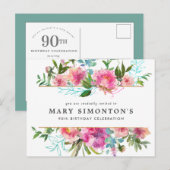 Invitation Carte Postale Pink Peony 90e anniversaire (Devant / Derrière)