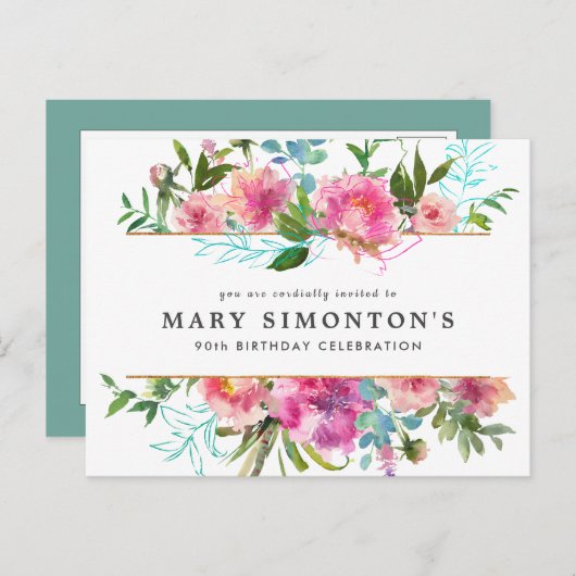 Invitation Carte Postale Pink Peony 90e anniversaire (Devant / Derrière)