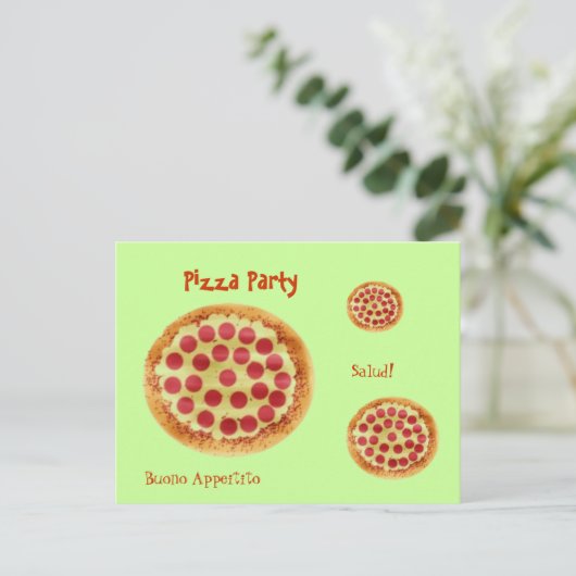 Invitation Carte Postale pizza, pizza, pizza, Pizza Party, Salud !, Buono.. (Debout devant)