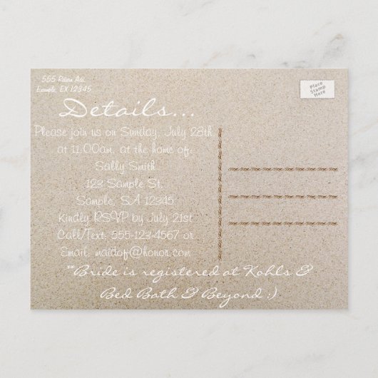 Invitation Carte Postale Plage Mariage Nuptiale Douche Invitation—Sable & M (Dos)