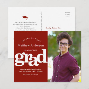 Invitation Carte Postale Plan de changement de graduation rouge photo typog
